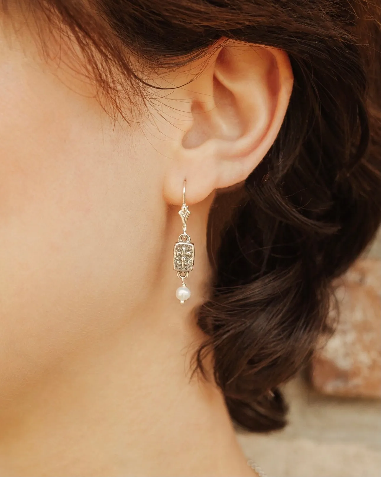 Fleur de Lis Brick Mini Pearl Earrings