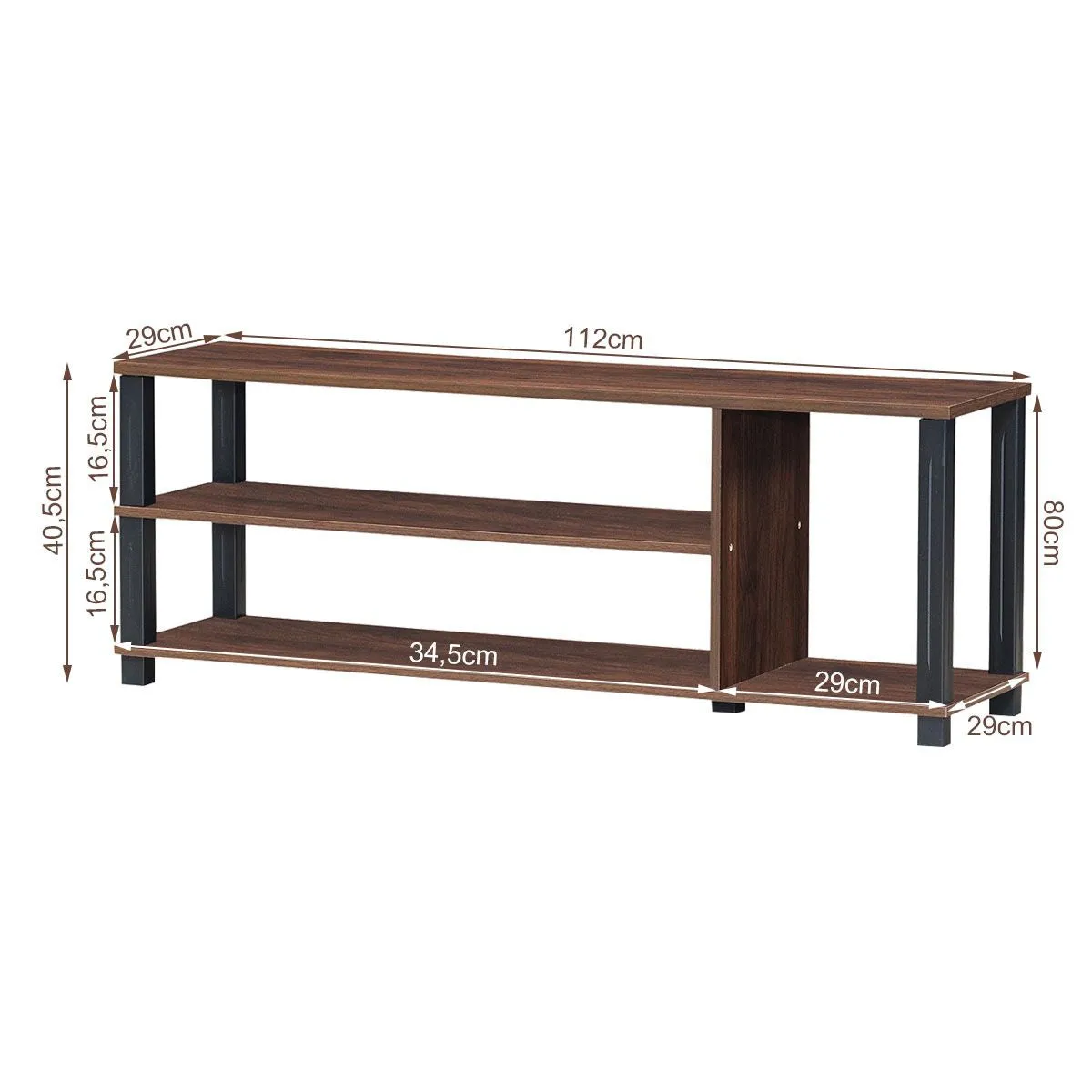 Mueble TV Moderno Con Repisas Abiertas Centro Multimedial 3 Niveles Para TV Hasta 107 Cm Soporte Stand Para TV 112 X 29 X 40,5 Cm Café