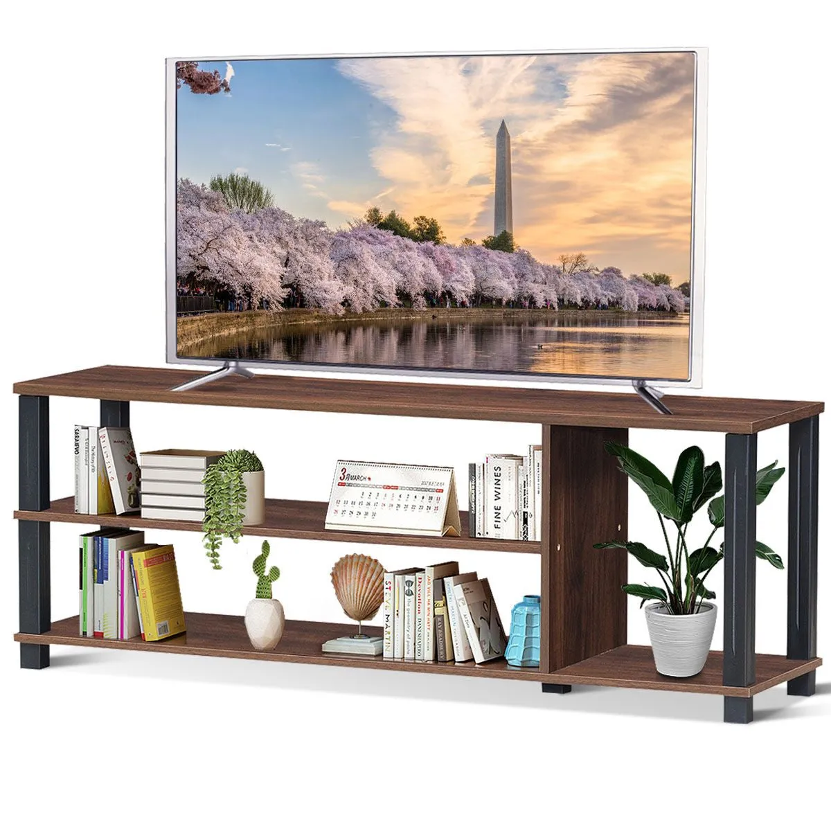 Mueble TV Moderno Con Repisas Abiertas Centro Multimedial 3 Niveles Para TV Hasta 107 Cm Soporte Stand Para TV 112 X 29 X 40,5 Cm Café