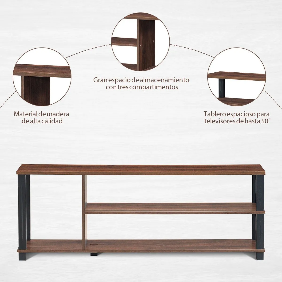 Mueble TV Moderno Con Repisas Abiertas Centro Multimedial 3 Niveles Para TV Hasta 107 Cm Soporte Stand Para TV 112 X 29 X 40,5 Cm Café