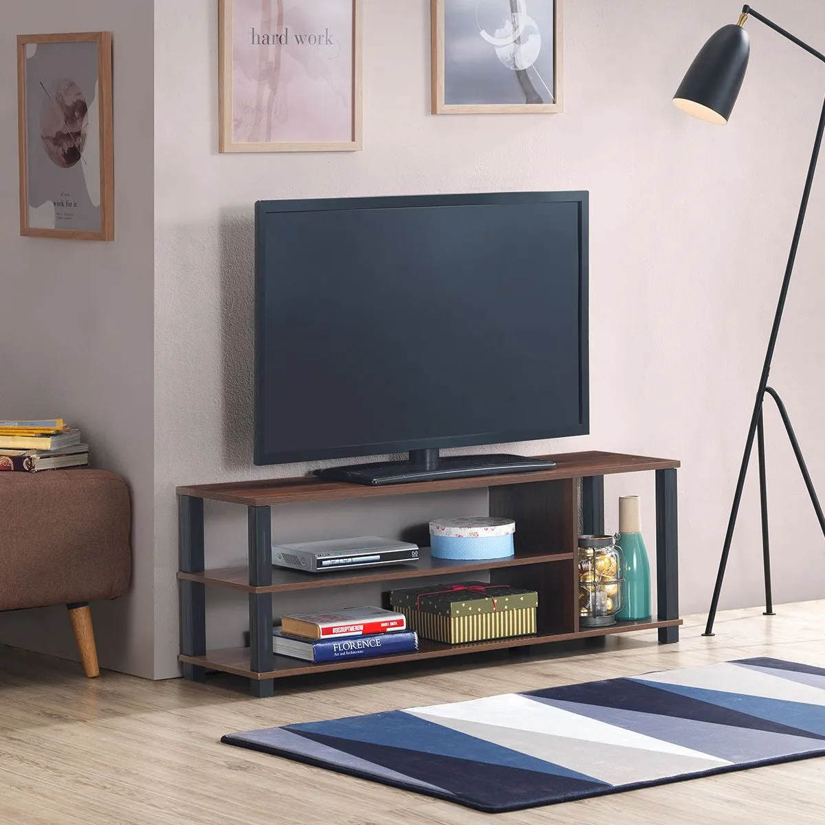 Mueble TV Moderno Con Repisas Abiertas Centro Multimedial 3 Niveles Para TV Hasta 107 Cm Soporte Stand Para TV 112 X 29 X 40,5 Cm Café