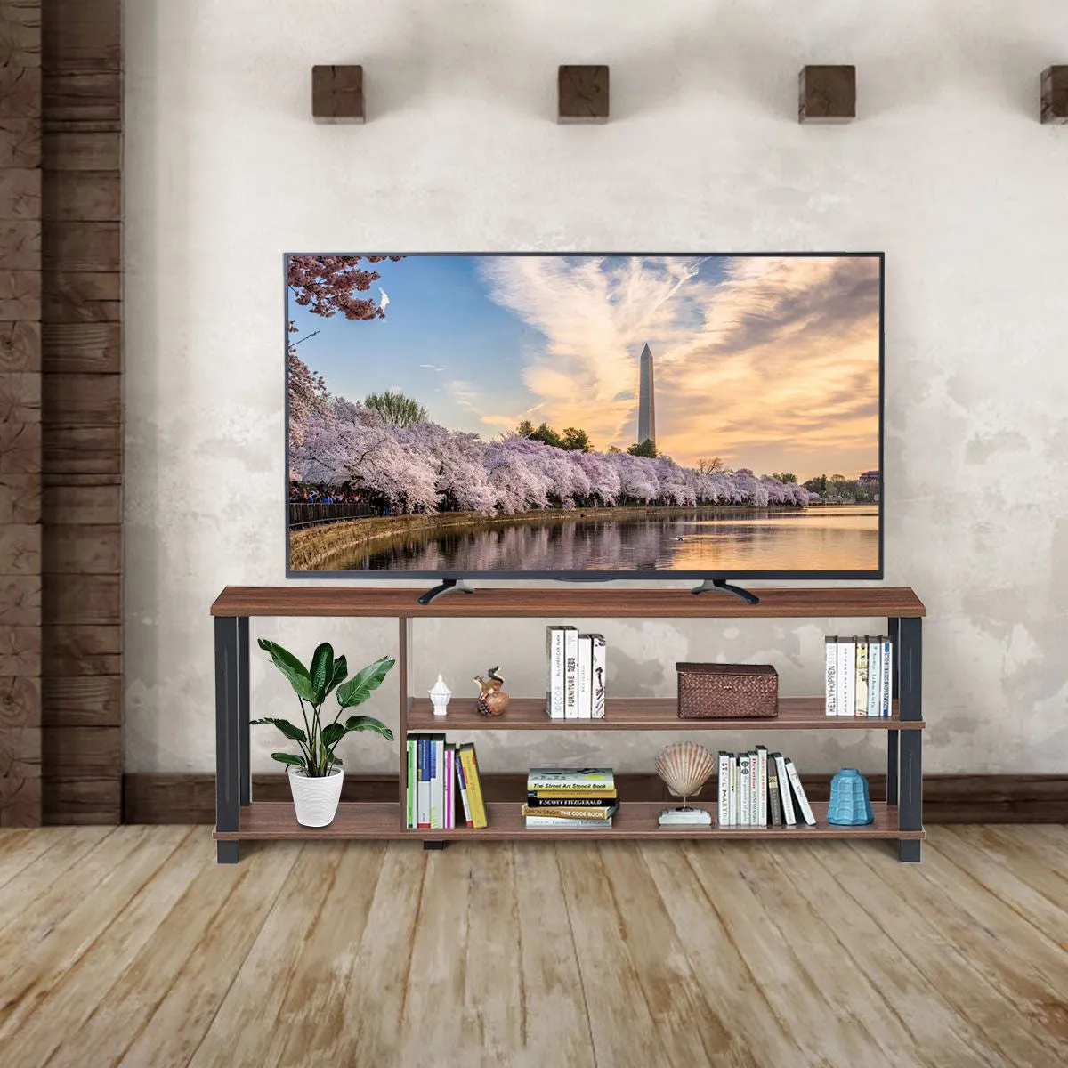 Mueble TV Moderno Con Repisas Abiertas Centro Multimedial 3 Niveles Para TV Hasta 107 Cm Soporte Stand Para TV 112 X 29 X 40,5 Cm Café