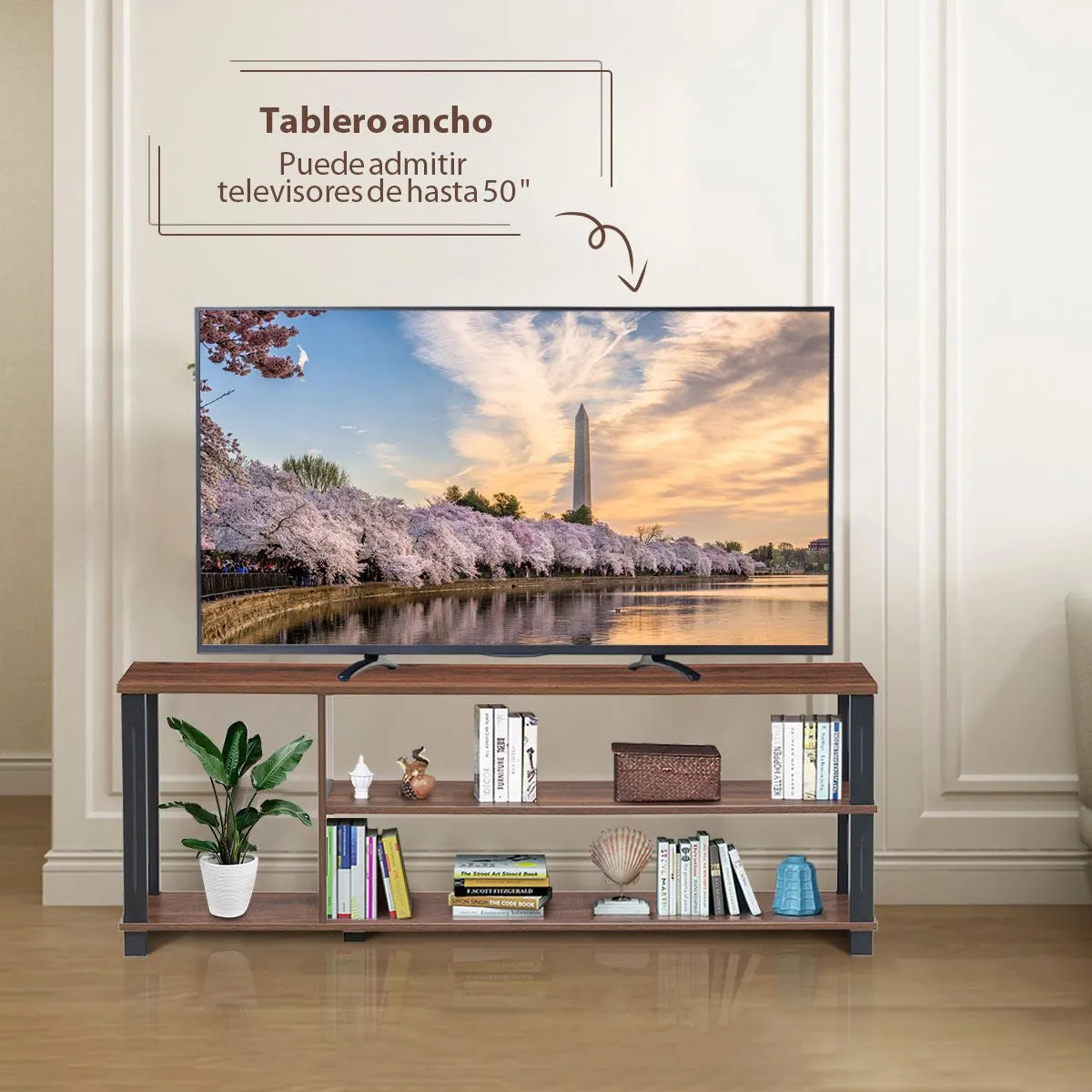 Mueble TV Moderno Con Repisas Abiertas Centro Multimedial 3 Niveles Para TV Hasta 107 Cm Soporte Stand Para TV 112 X 29 X 40,5 Cm Café