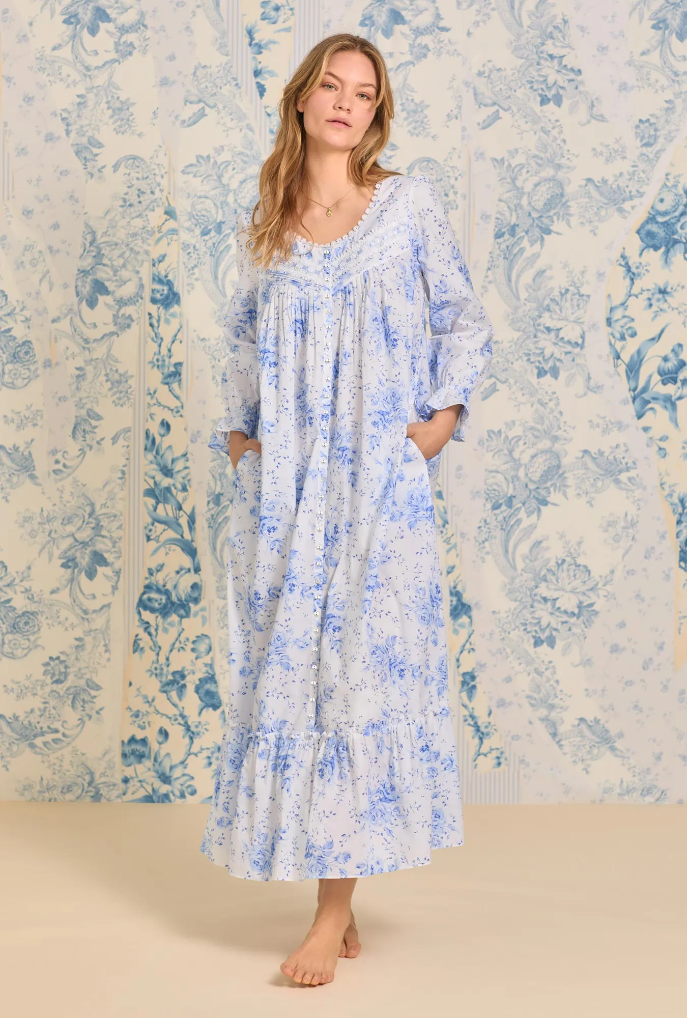 Romantic Blues Button Front Cotton Robe