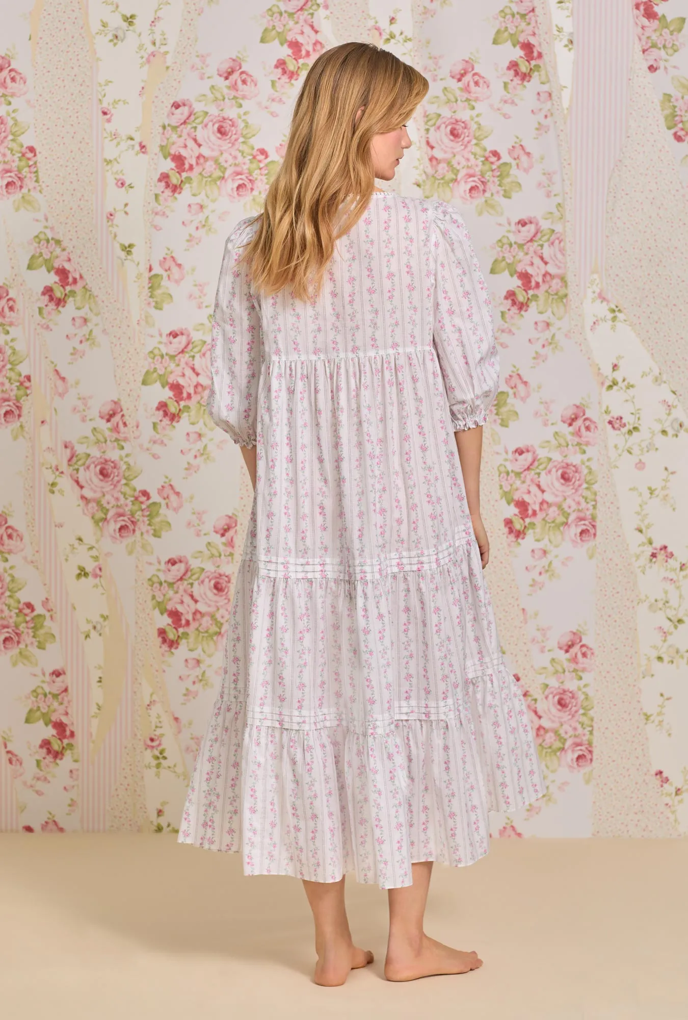 Vintage Floral Stripe "Victoria" 3/4 Sleeve Nightdress