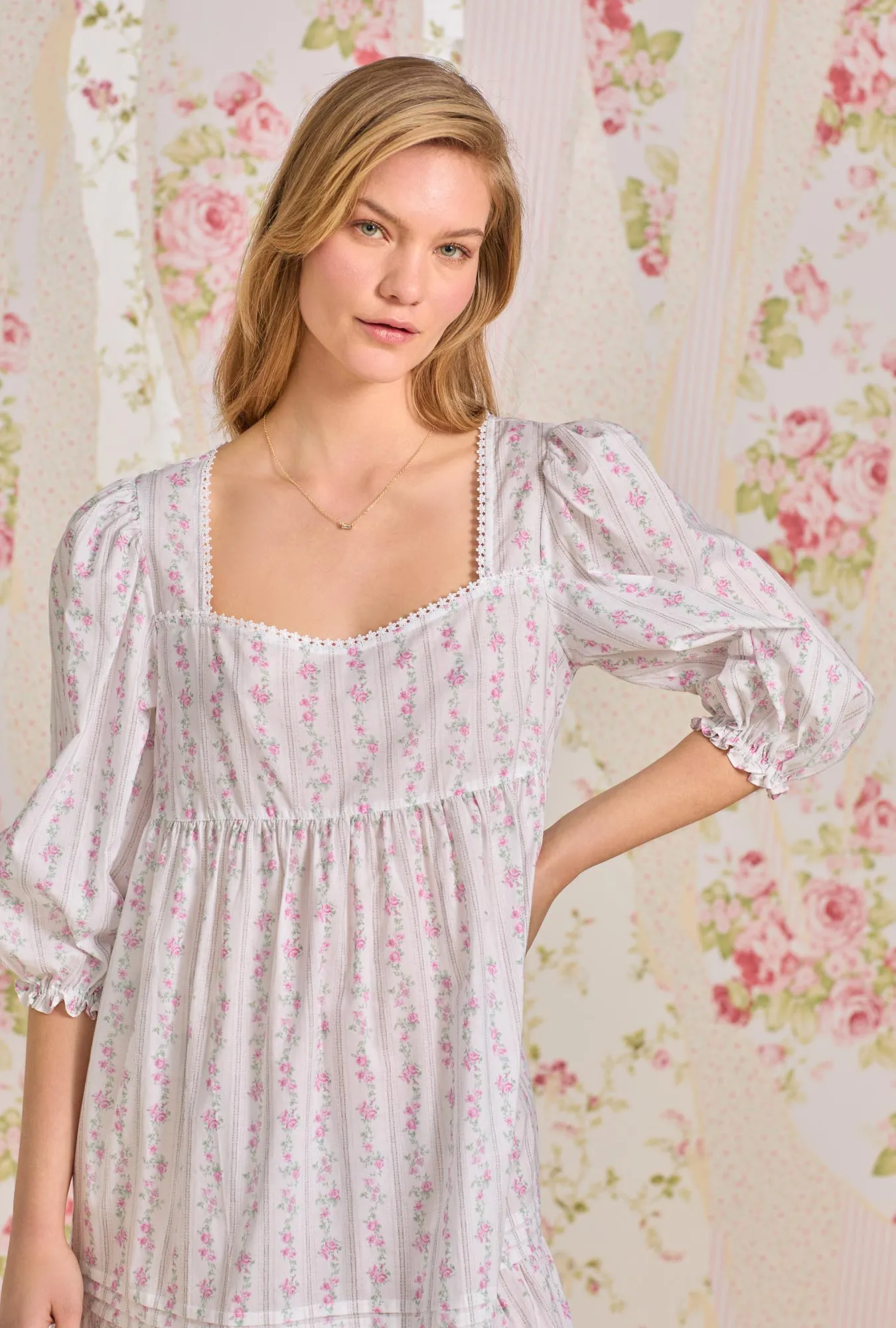 Vintage Floral Stripe "Victoria" 3/4 Sleeve Nightdress